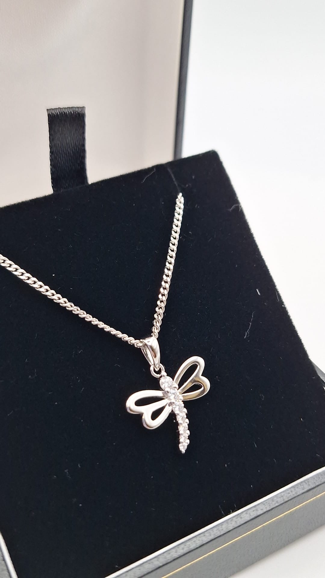 925 Silver Rhodium plated Cubic Zirconia Dragonfly pendant and Chain