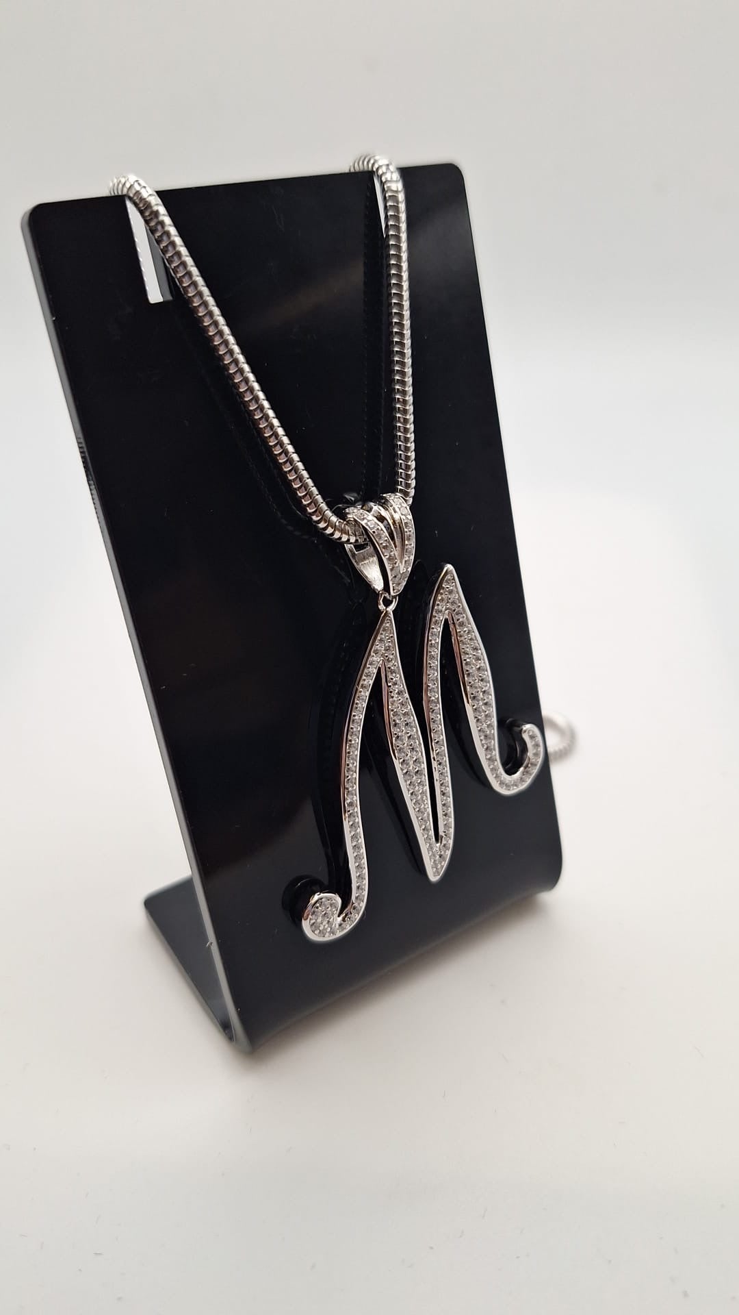 925 Silver and Rhodium plated Cubic Zirconia set M initial and Chain
