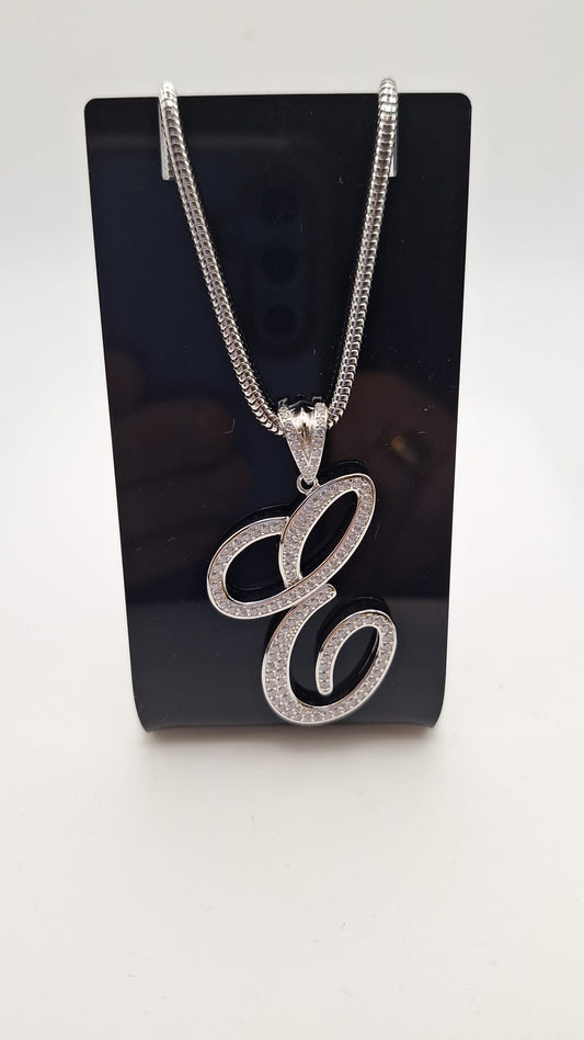 925 Silver Rhodium plated Cubic Zirconia E initial Pendant with heavy Snake chain