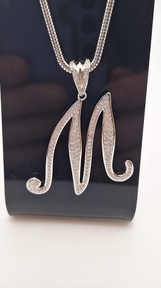 925 Silver and Rhodium plated Cubic Zirconia set M initial and Chain