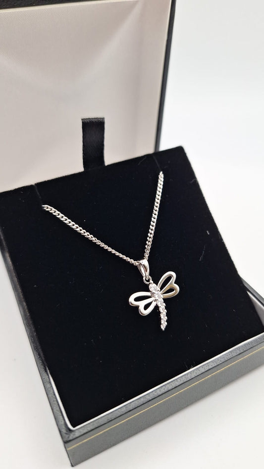 925 Silver Rhodium plated Cubic Zirconia Dragonfly pendant and Chain