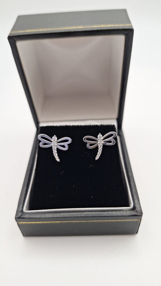 925 Silver Rhodium plated and Cubic Zirconia Dragonfly stud Earrings