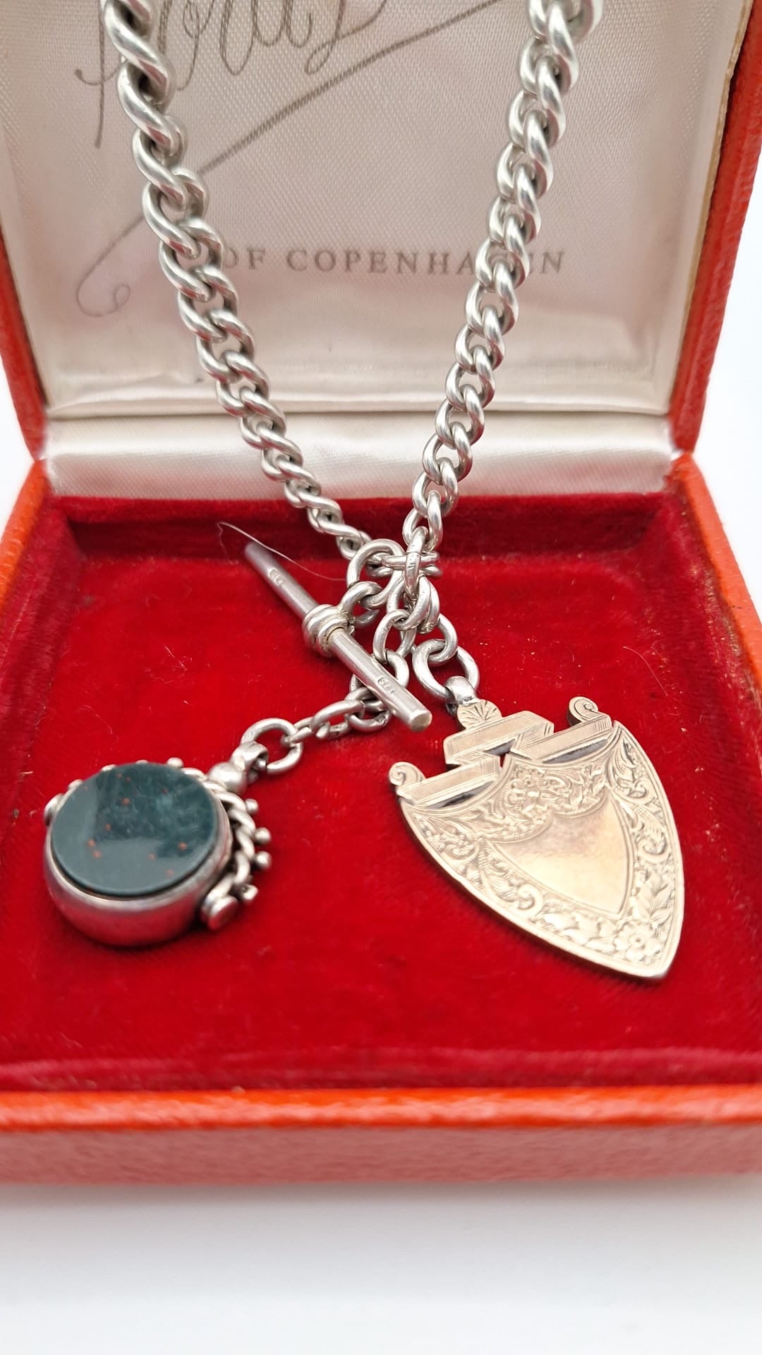 Antique Silver double Albert watch Chain and Stone set swivel fob