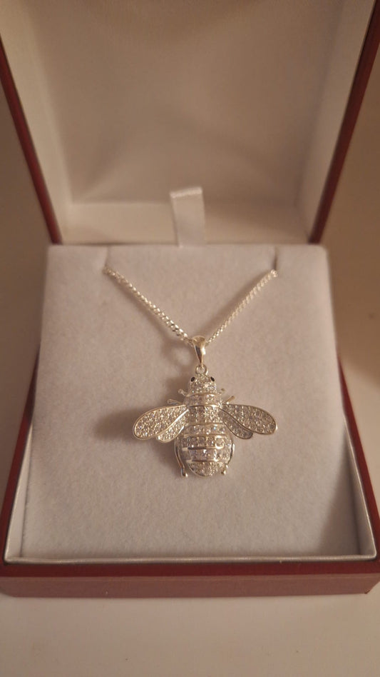 925 Silver and CZ set Bumblebee Pendant with 18 inch Curb Chain