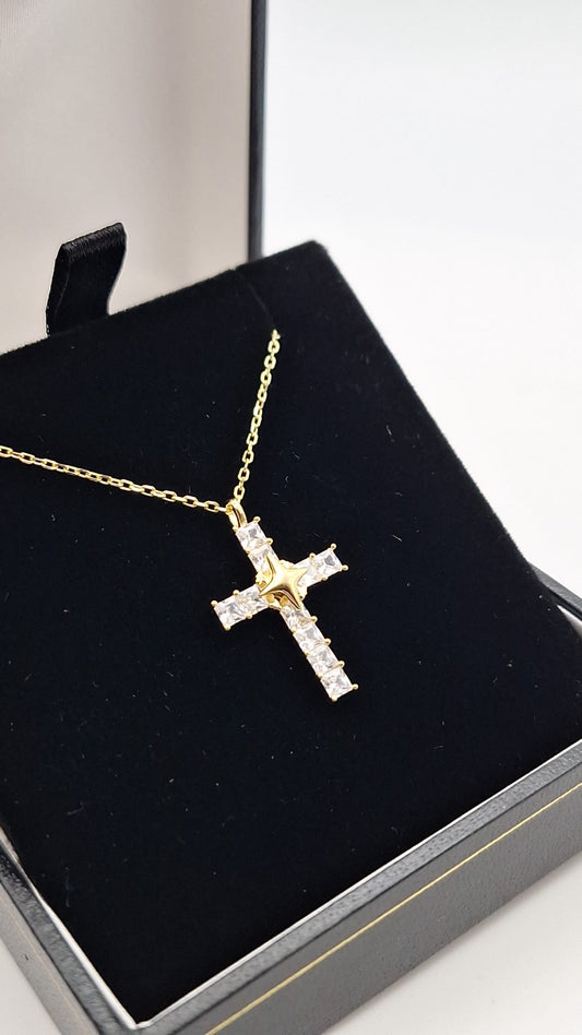 925 Silver and Gold plated Cubic Zirconia Cross and Chain