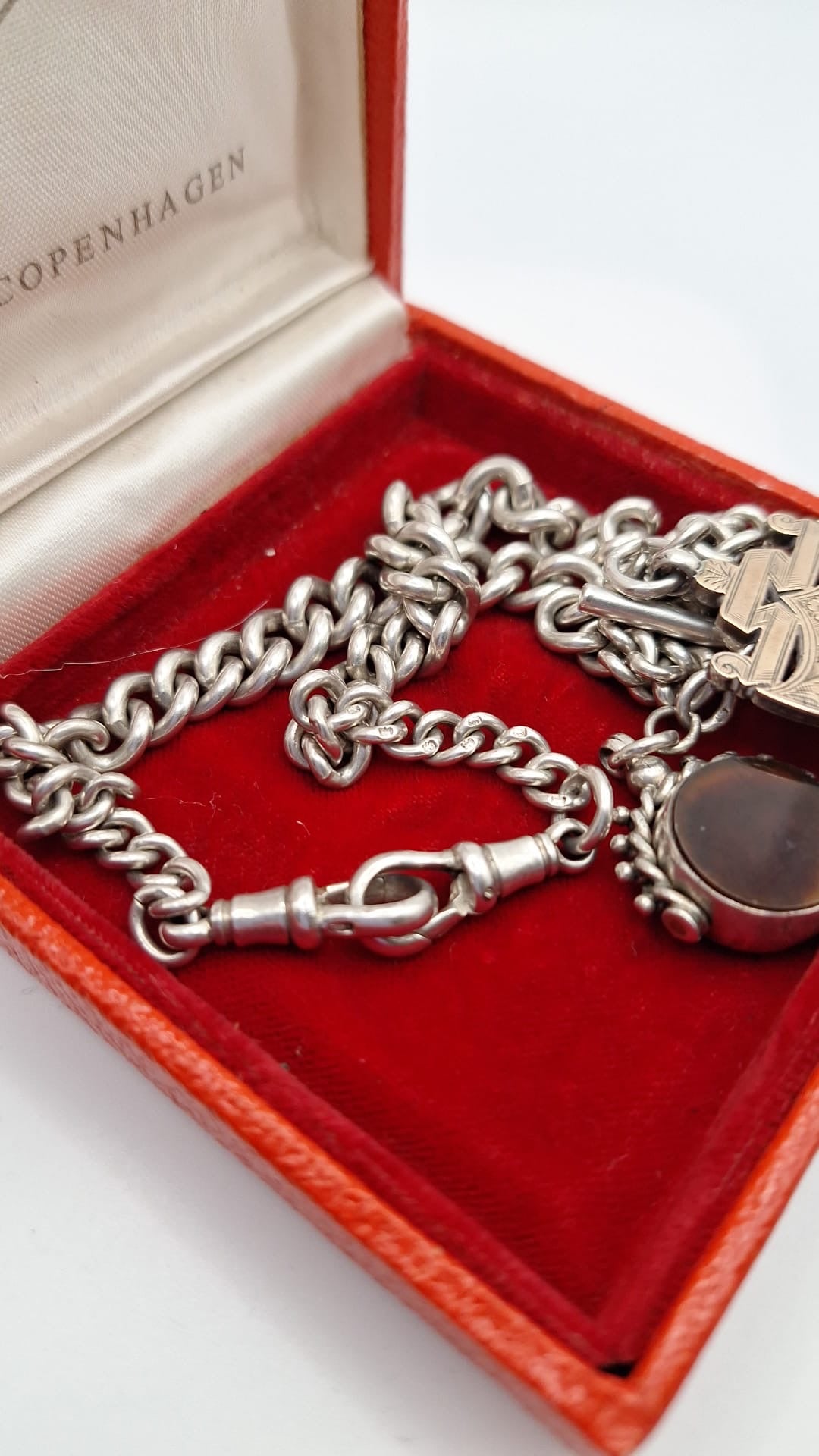 Antique Silver double Albert watch Chain and Stone set swivel fob