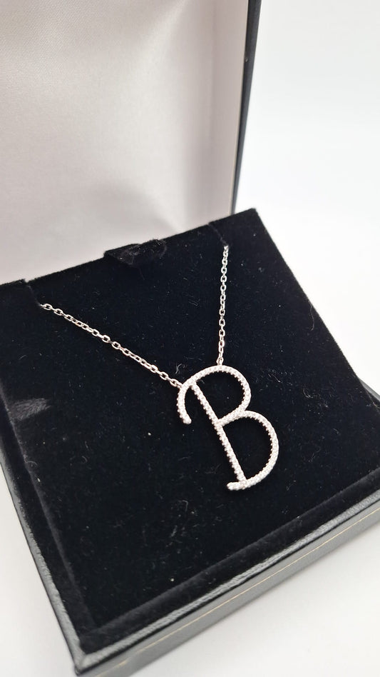 925 Silver Rhodium plated Cubic Zirconia B Initial Pendant and chain