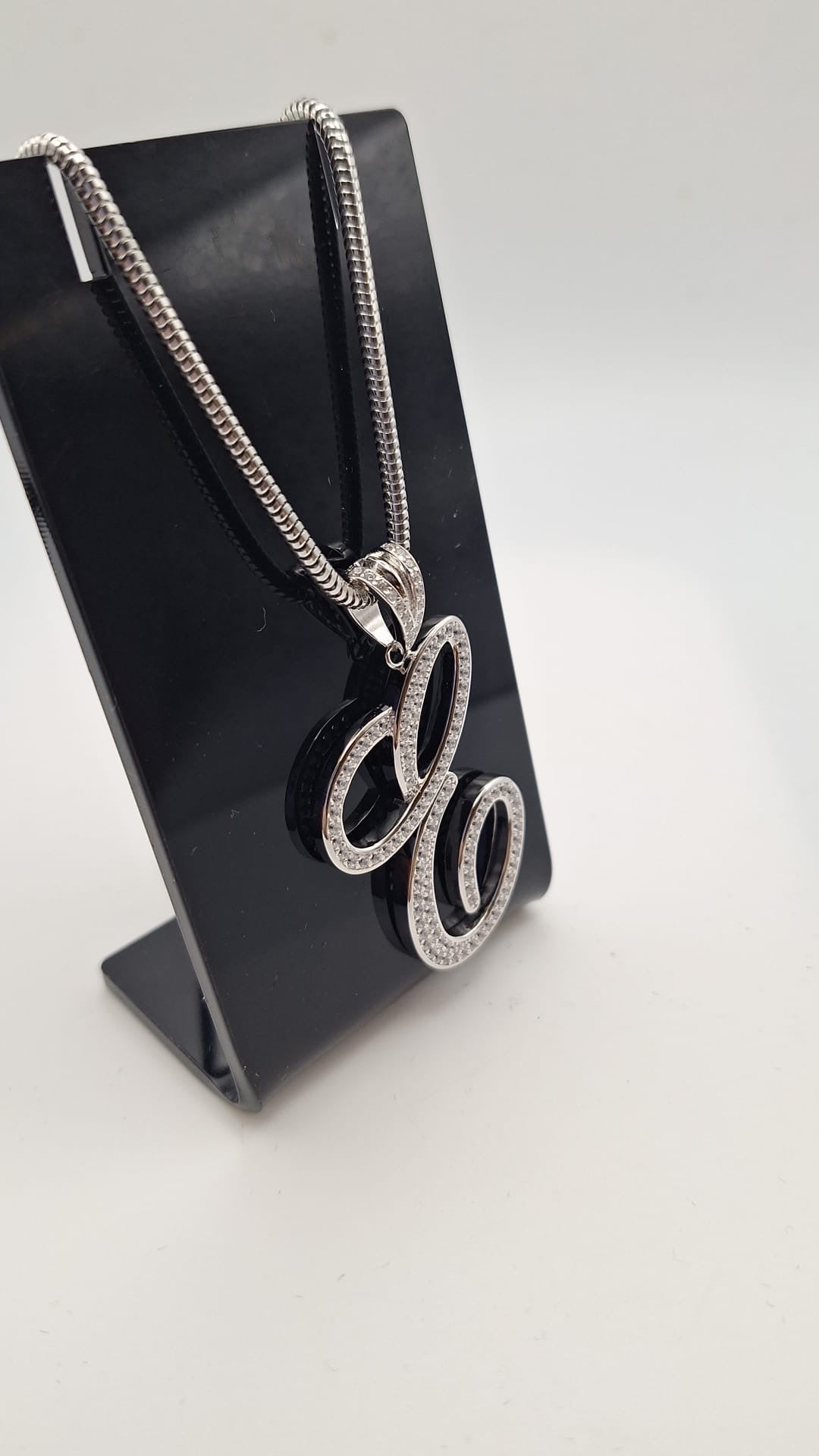 925 Silver Rhodium plated Cubic Zirconia E initial Pendant with heavy Snake chain