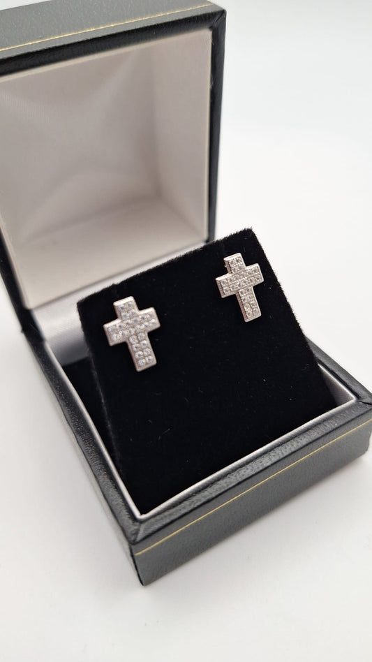 925 Silver Rhodium plated Cubic Zirconia Cross Studs