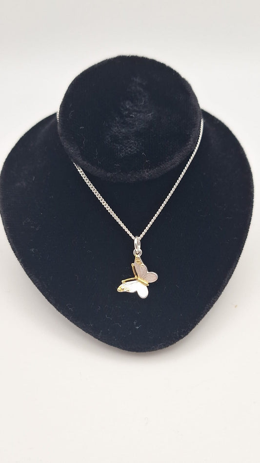 925 Silver and Gold colour Butterfly Pendant and Chain