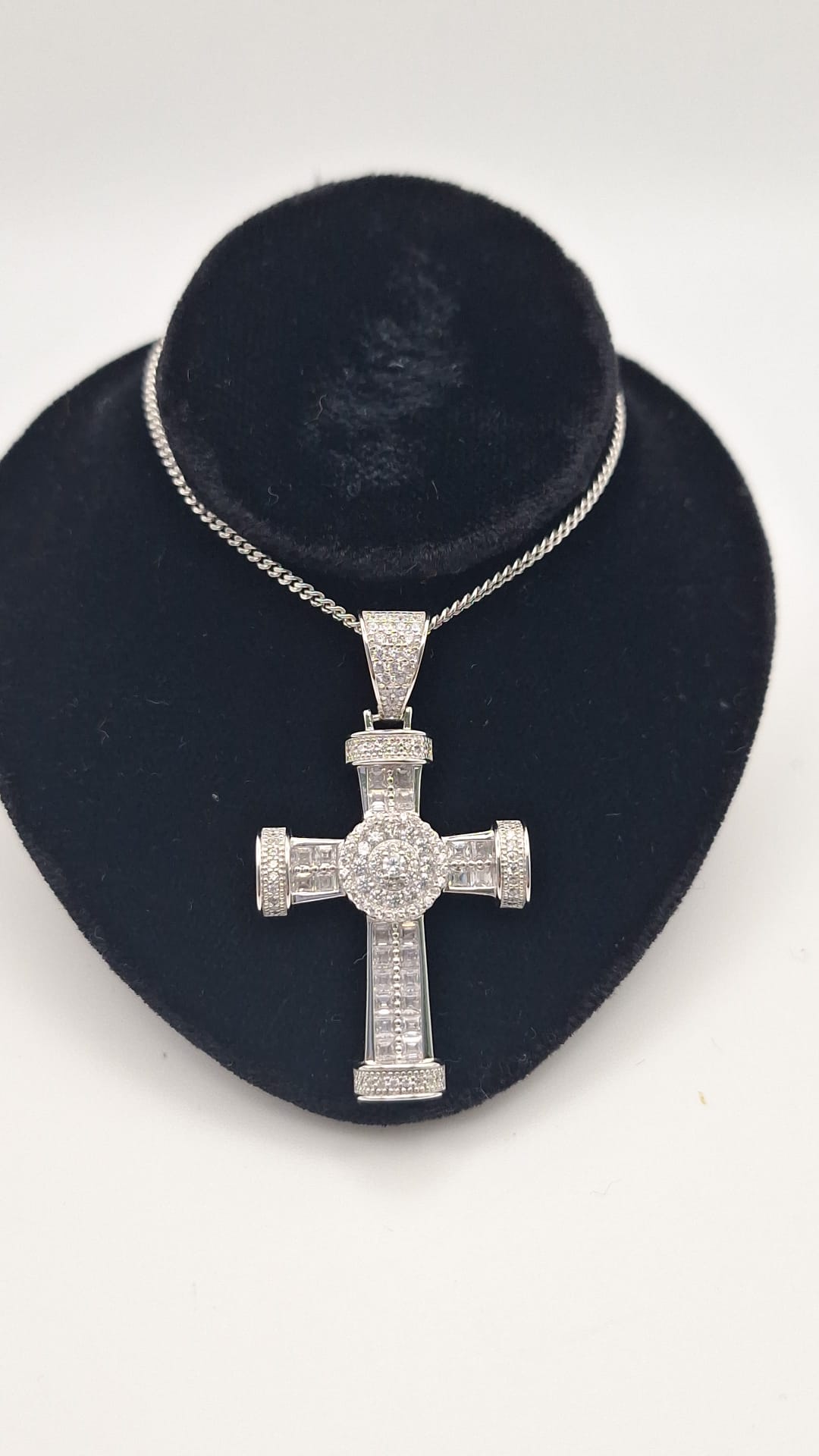 925 Silver and Rhodium Plated CZ Cross and Chain