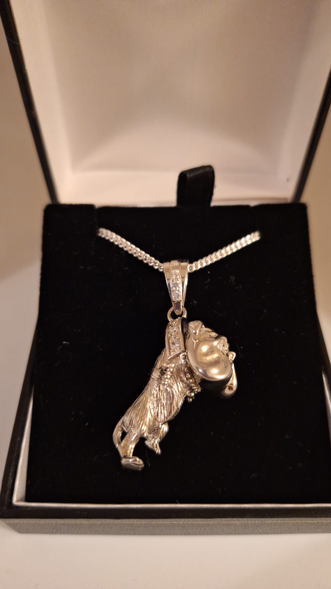 925 Solid Silver Cubic Zirconia set Bulldog Pendant and Curb Chain