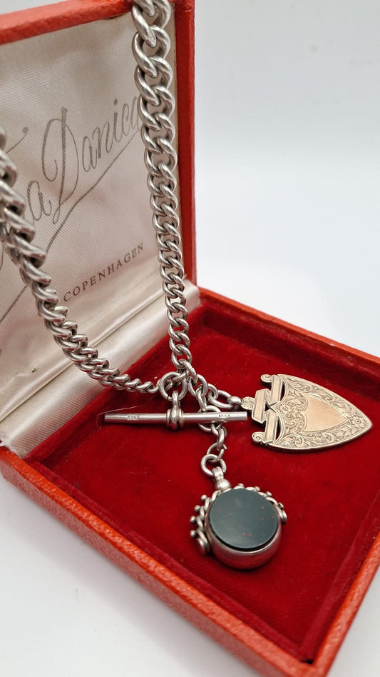 Antique Silver double Albert watch Chain and Stone set swivel fob