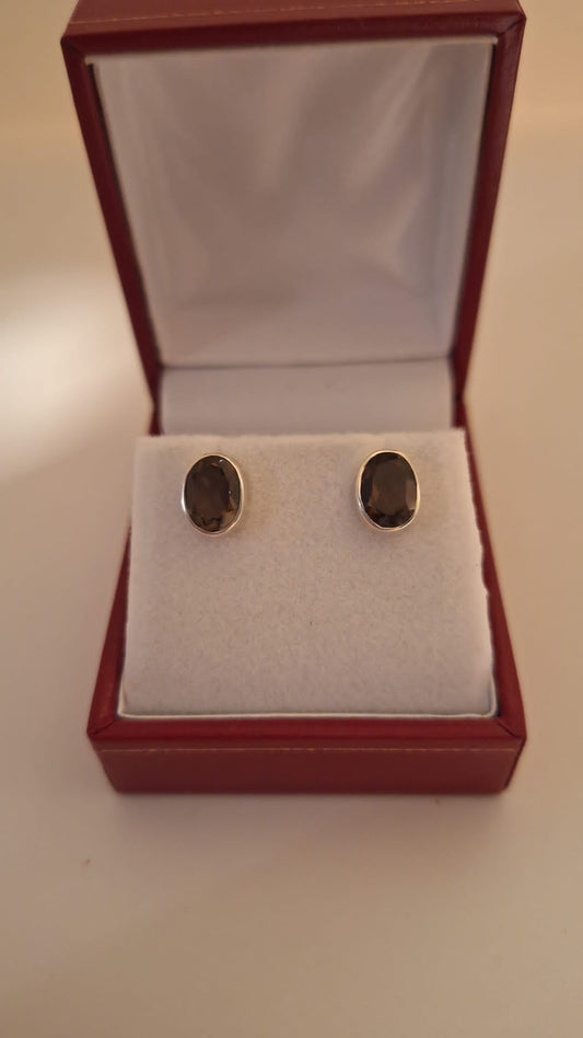925 Silver Faceted Smokey Quartz Oval Studs