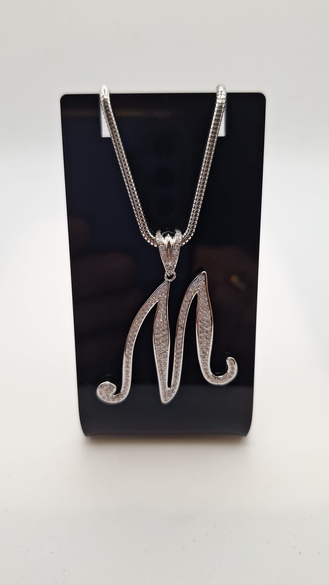 925 Silver and Rhodium plated Cubic Zirconia set M initial and Chain