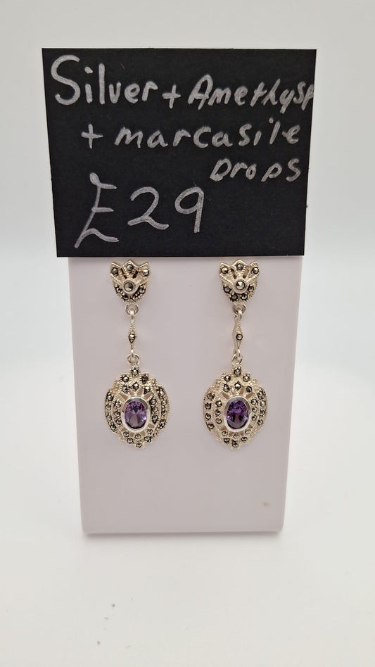 Pre used Silver and Amethyst Marcasite Drop Earrings