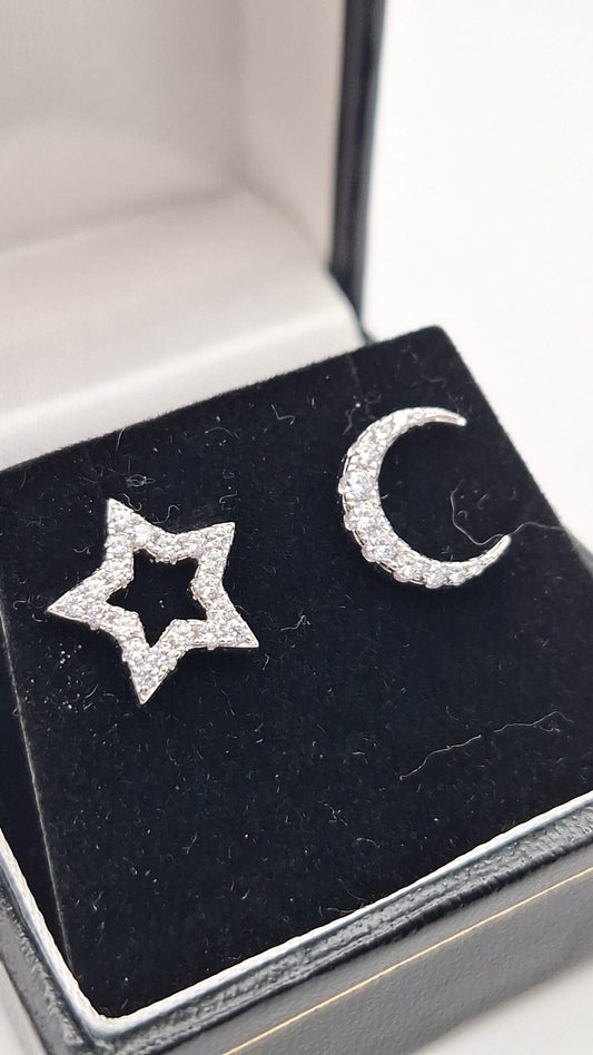 925 Silver Rhodium plated Cubic Zirconia Moon and Star Earrings
