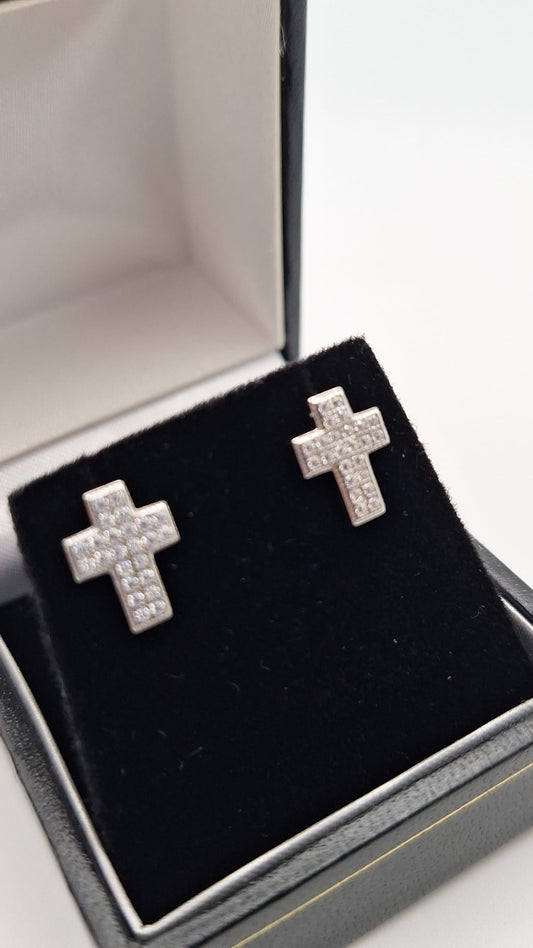 925 Silver Rhodium plated Cubic Zirconia Cross Studs